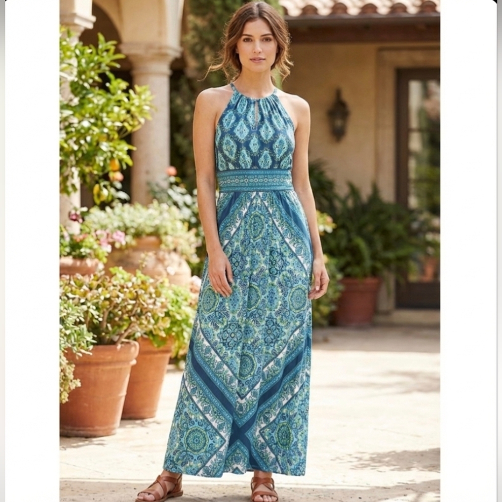 LONDON TIMES Maxi Dress Women 14 Paisley Floral Halter Stretch Travel Vacation